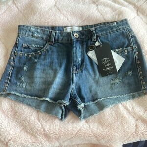 Zara Trafaluc denim studded distressed shorts size 4 Waist 30 inches NWT